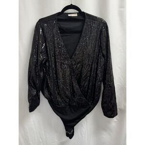 Intempo Black Sequin Bodysuit Long Sleeves Women's Plus Size 1X